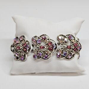 VINTAGE Pink Aurora Borealis Rhinestone White Metal Articulated Link Bracelet
